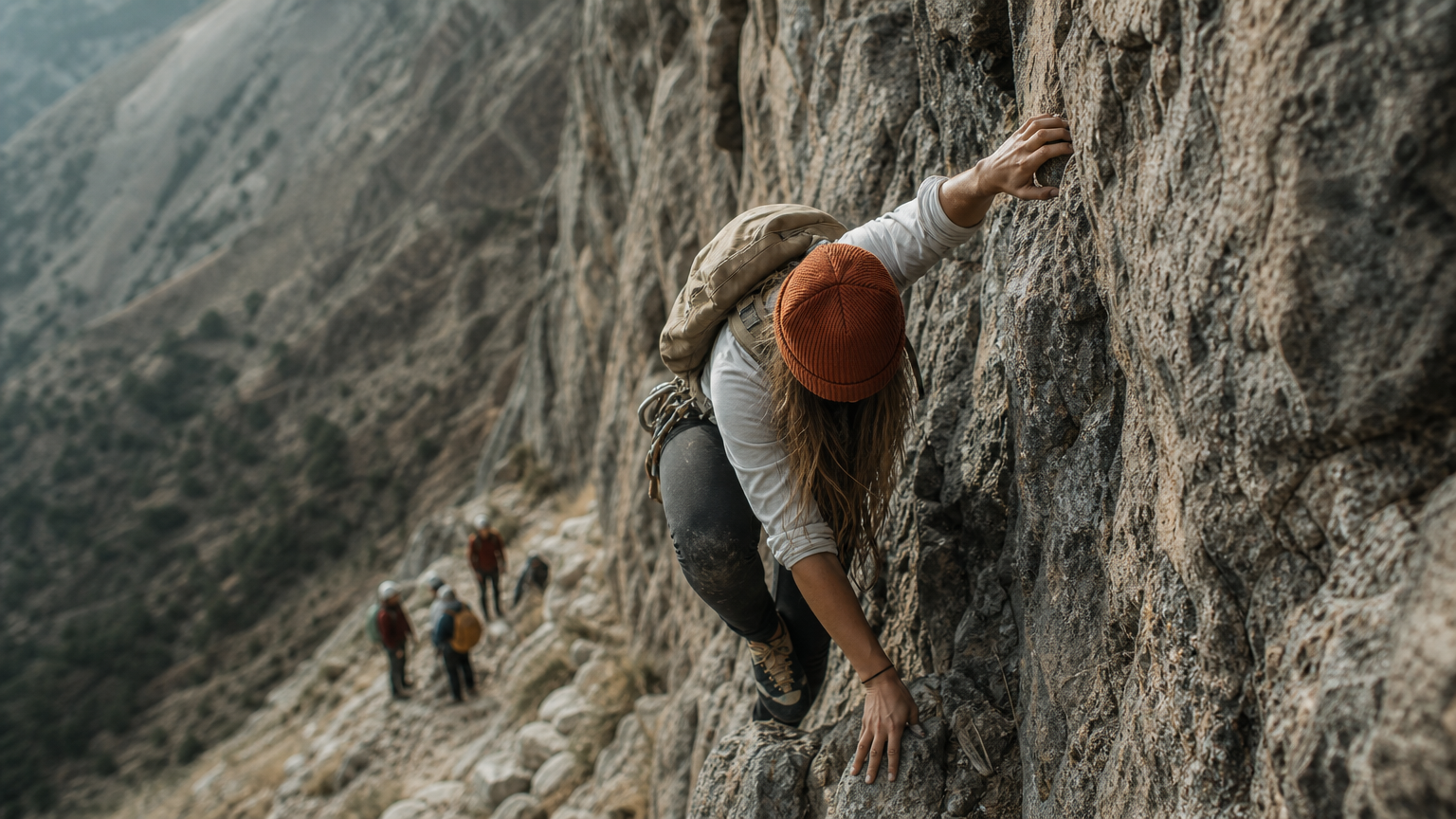 Climbers scaling a steep rocky cliff face along a mountain trail.