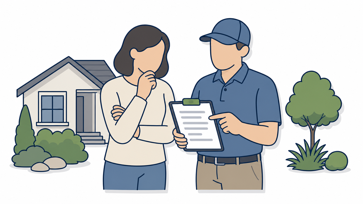 Homeowner and landscaper standing outdoors discussing a written estimate on a clipboard.