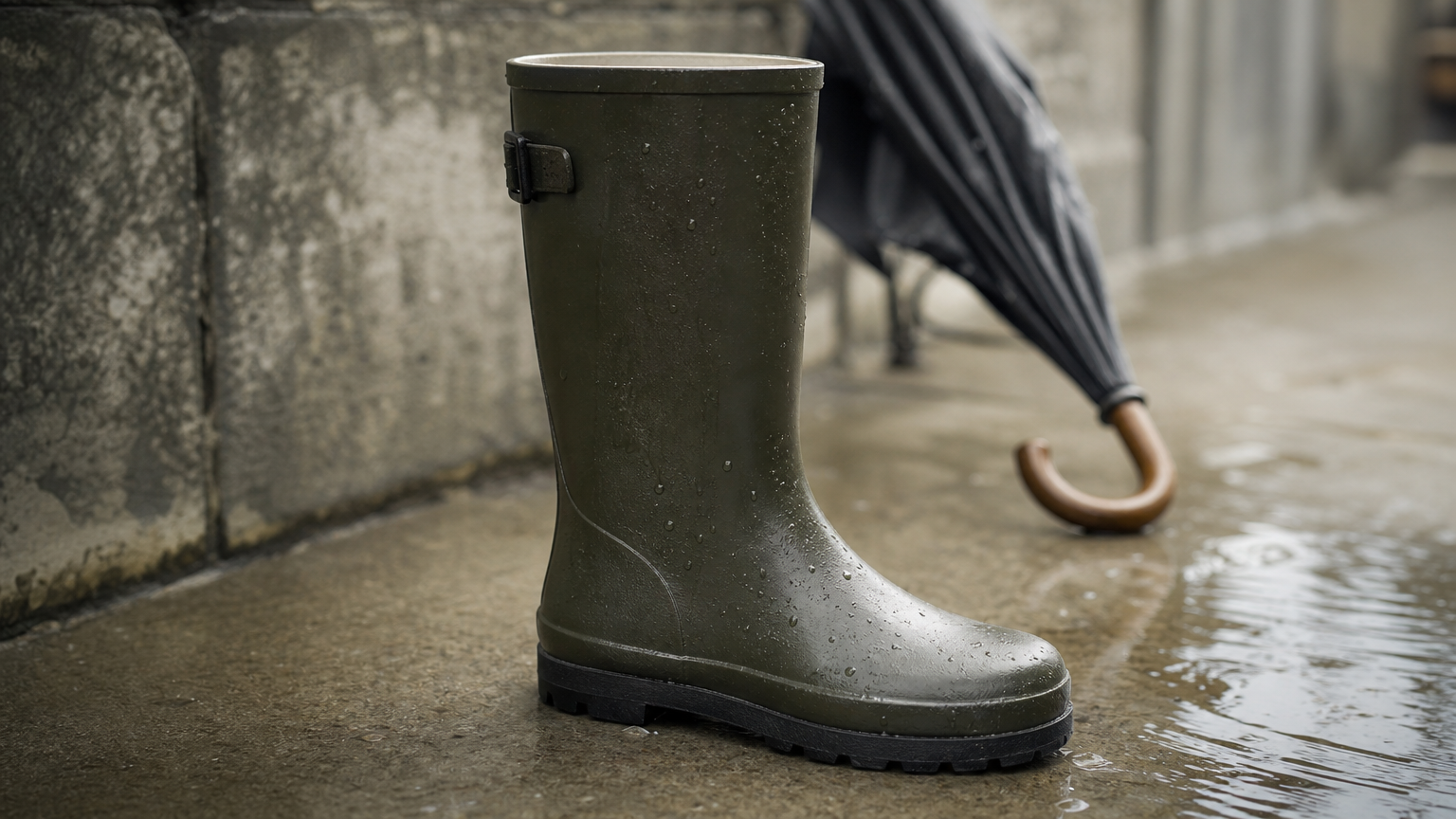 A waterproof over-the-knee boot standing on a rain-soaked sidewalk beside a leaning umbrella.