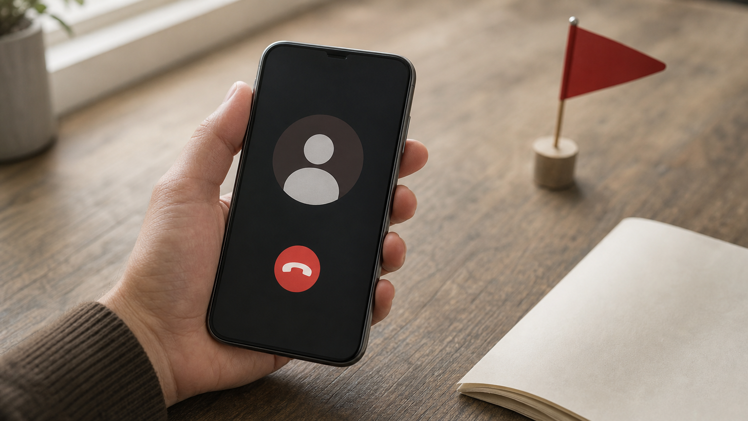 A hand holds a phone showing an incoming call from an unfamiliar debt relief company beside a printed contract.