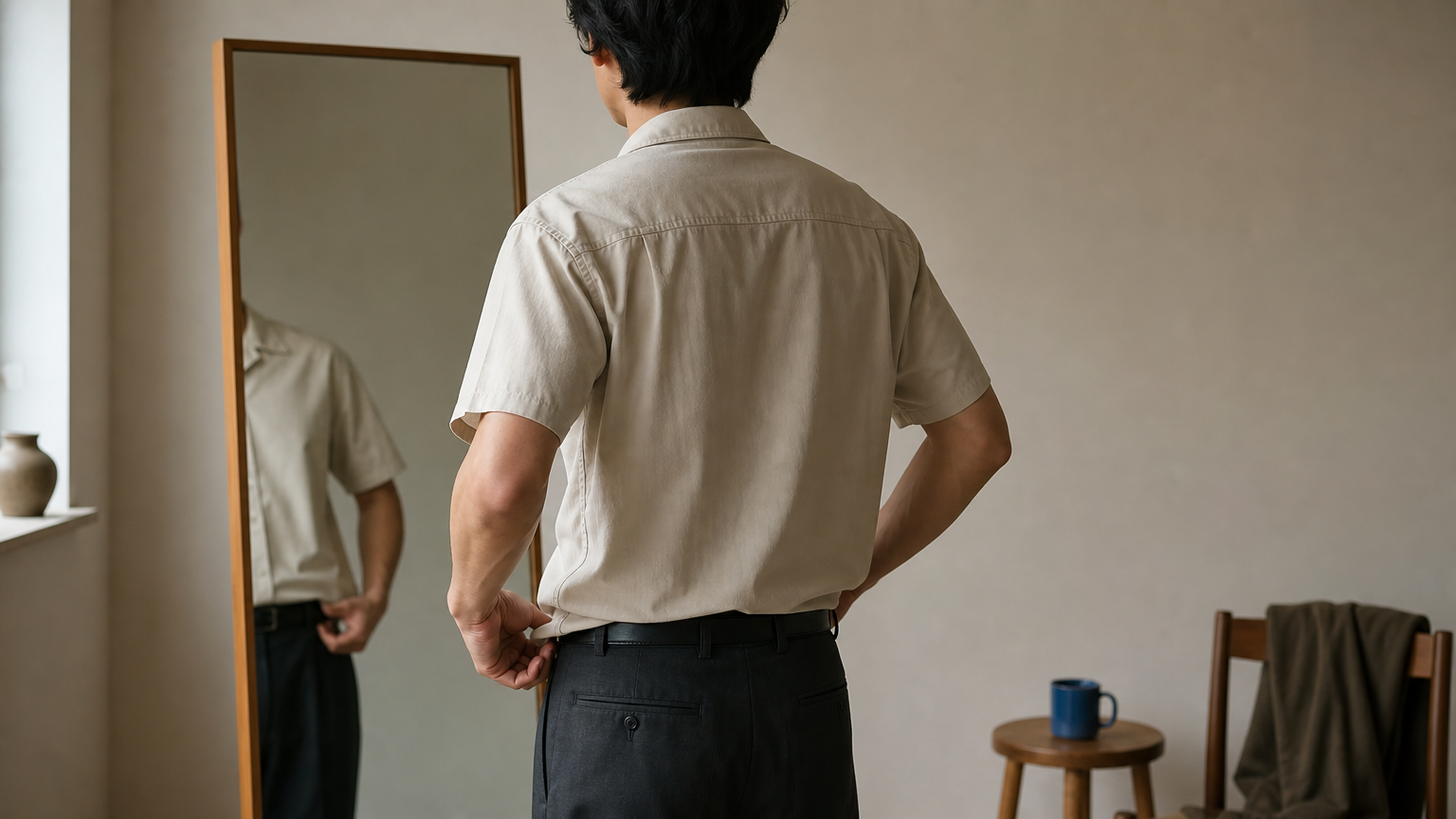 A man checking the shoulder seam and hem length of a boxy camp collar shirt in a mirror.