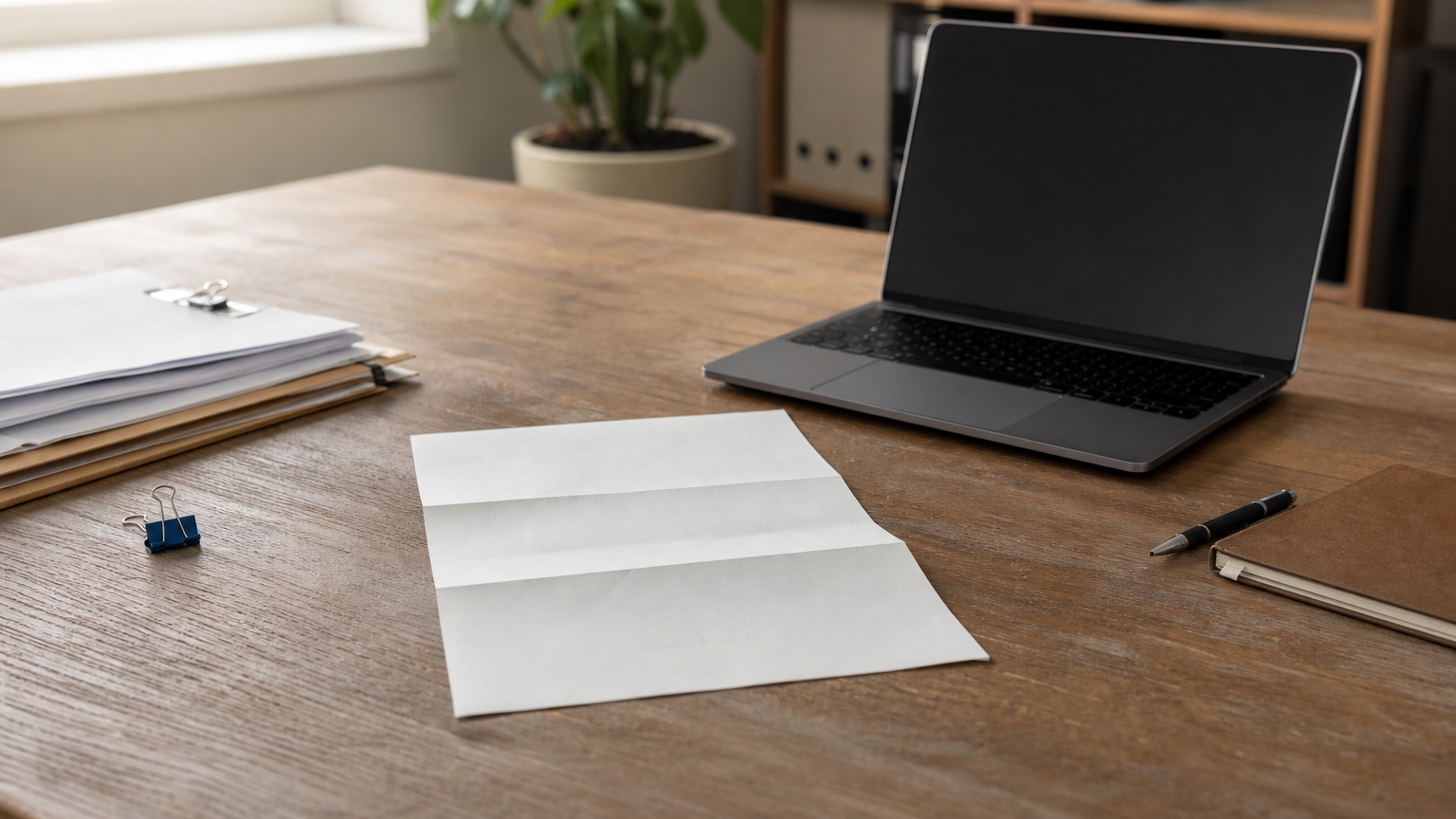 A desk showing a fine notice letter, a laptop with an alert, and stacked contracts.