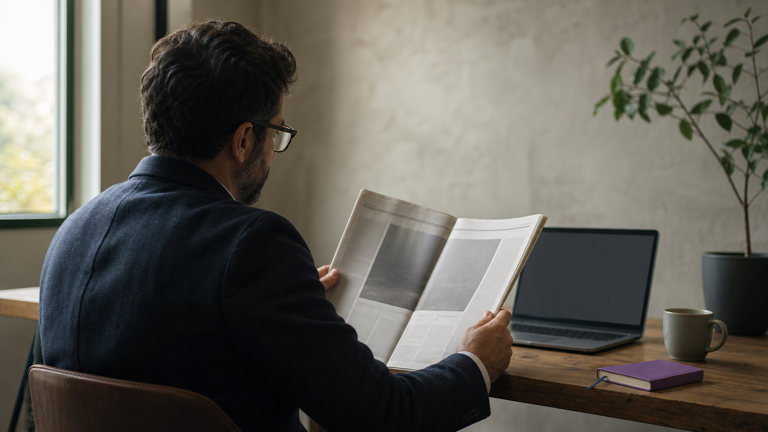 A person reading a newspaper article about their company next to a laptop showing a faded banner ad.
