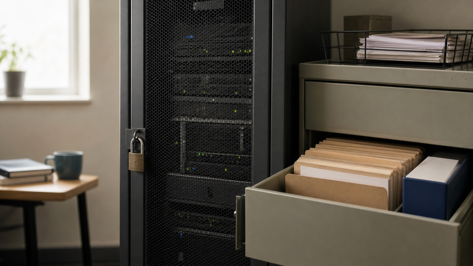 A split image contrasting a padlocked server rack with a filing cabinet of paper policy folders.