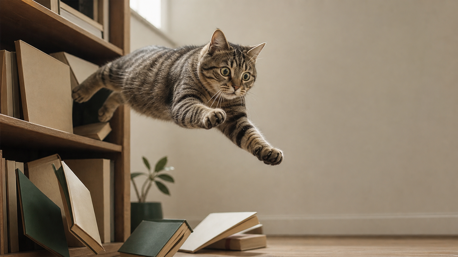 A tabby cat caught mid-jump off a bookshelf with books tumbling down.