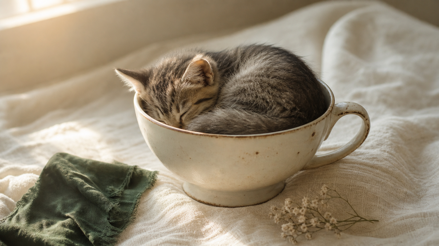 A tiny kitten resting inside a teacup on a cozy blanket.