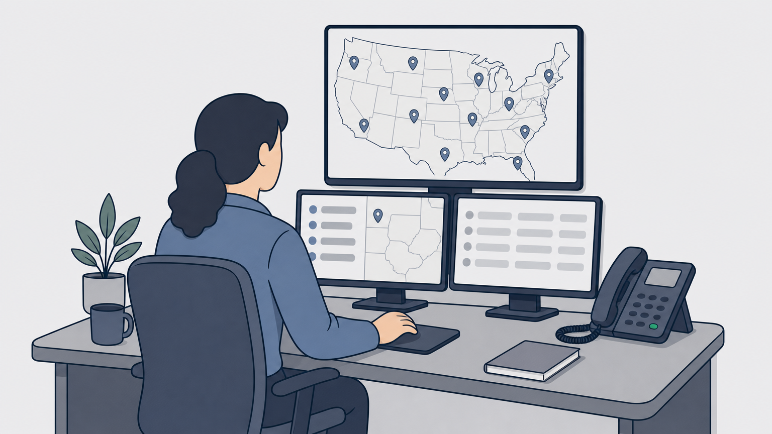 A coordinator sits at a desk surrounded by monitors displaying a map of technician locations across multiple states.