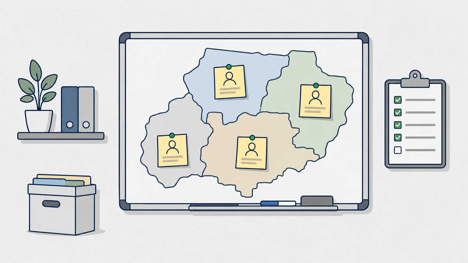 A whiteboard shows a regional map with sticky notes marking backup technicians and a pinned checklist.