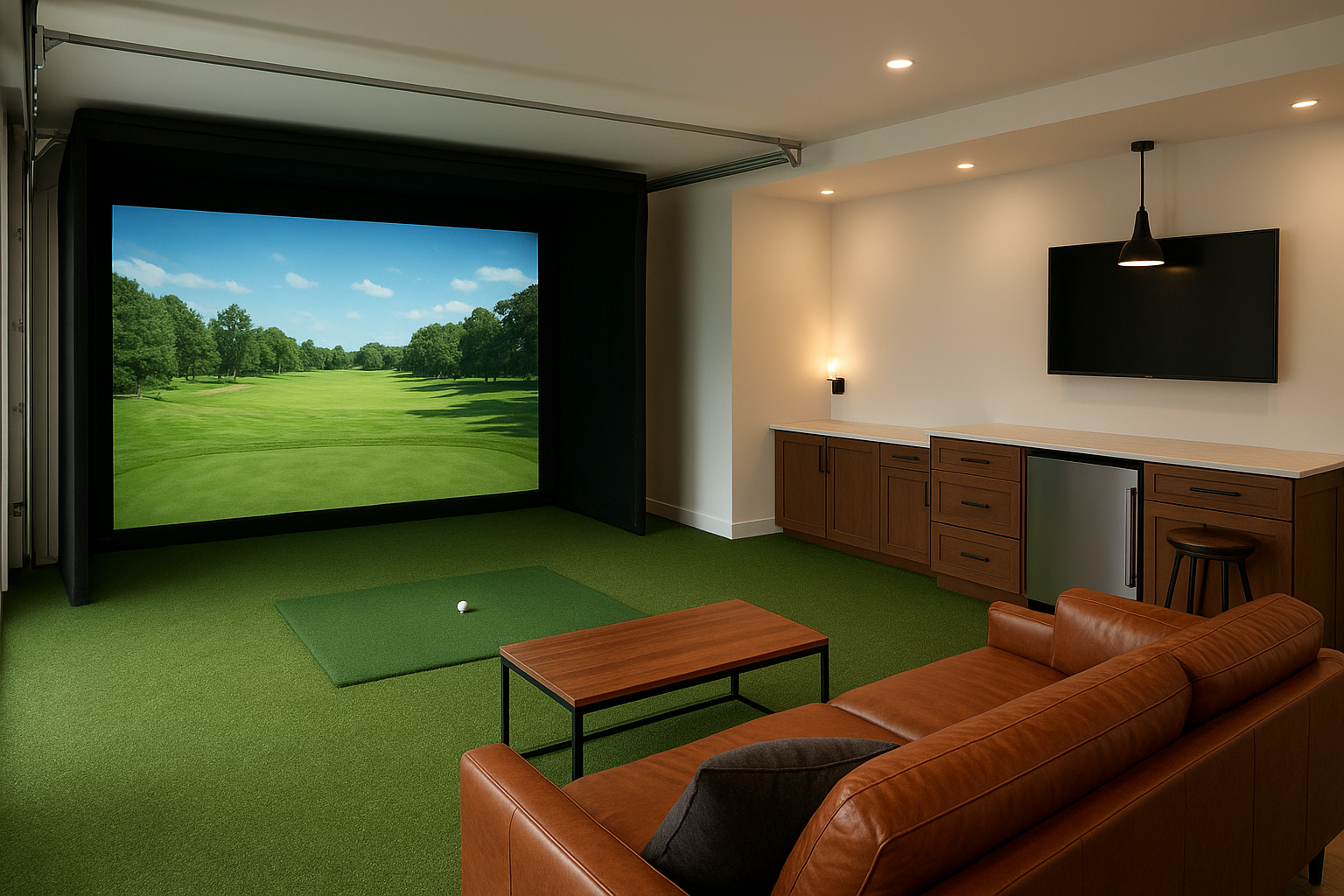 8. Premium golf lounge with turf, seating and a bar