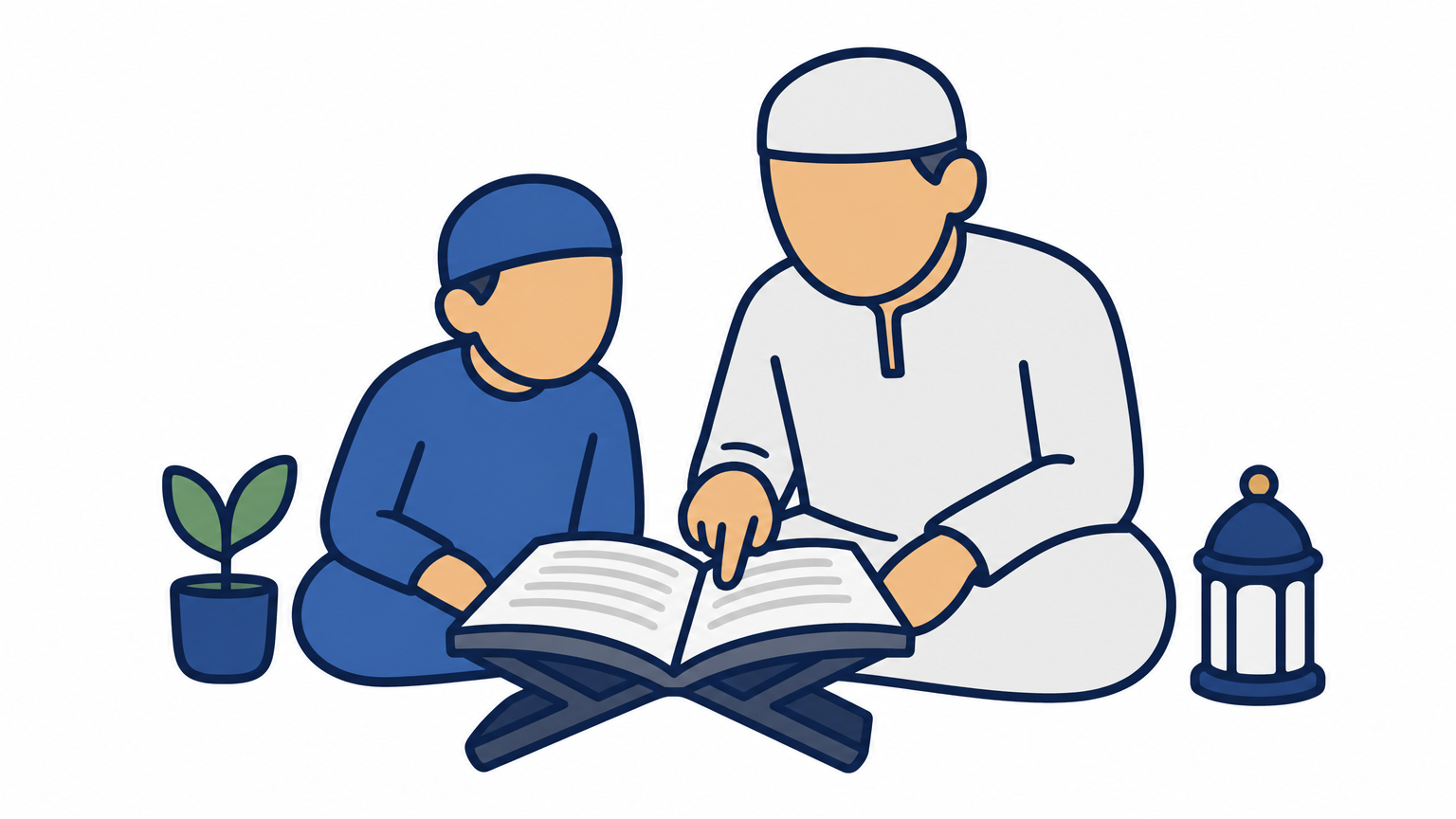 A teacher points to a word in an open Quran while a student listens closely.
