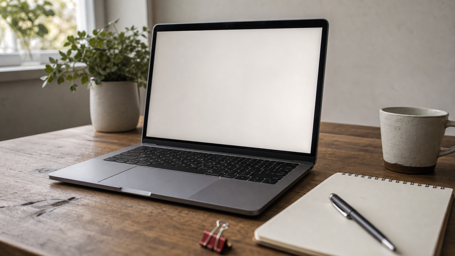 A laptop showing a landing page and signup form next to a notepad with A/B test notes.