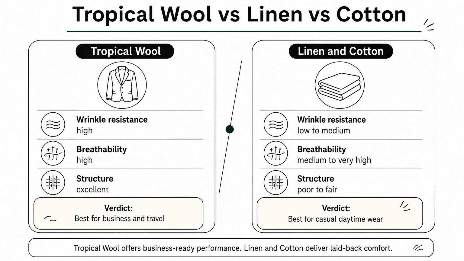 Comparison infographic contrasting tropical wool with linen and cotton across wrinkle resistance, breathability, and structure.