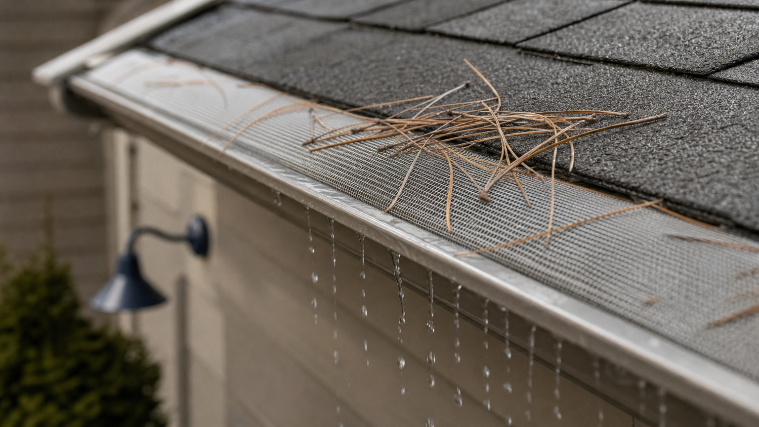 Close-up of stainless steel micro-mesh gutter guard with pine needles sitting on top of the fine weave.