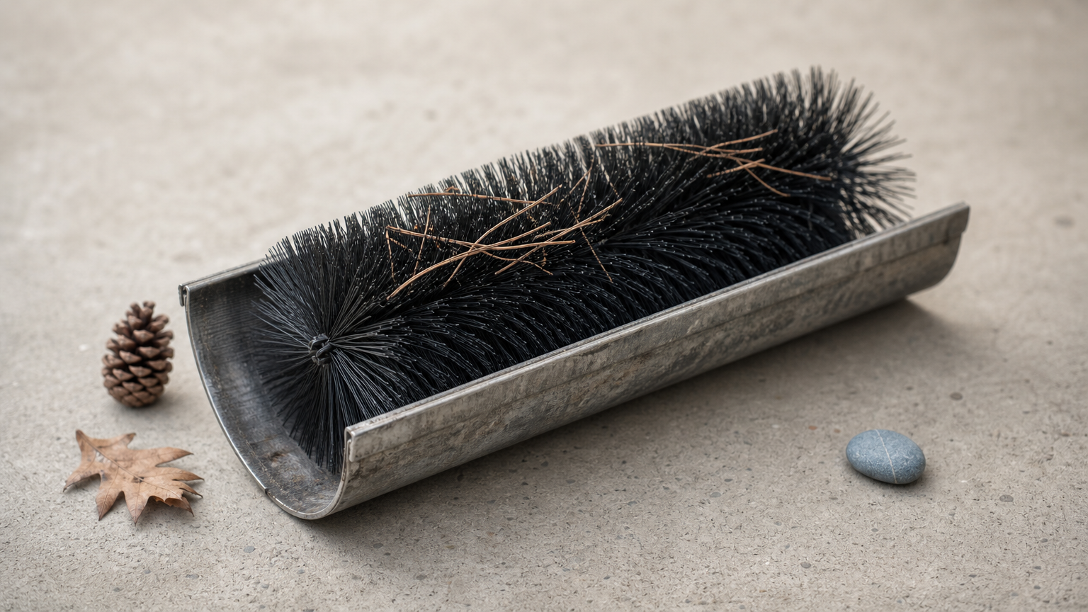 Bristled brush guard resting inside a gutter channel with pine needles caught on the bristles.