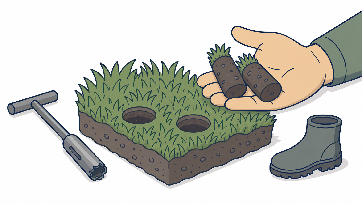 A hand holds removed soil core plugs above a patch of lawn with visible aeration holes.