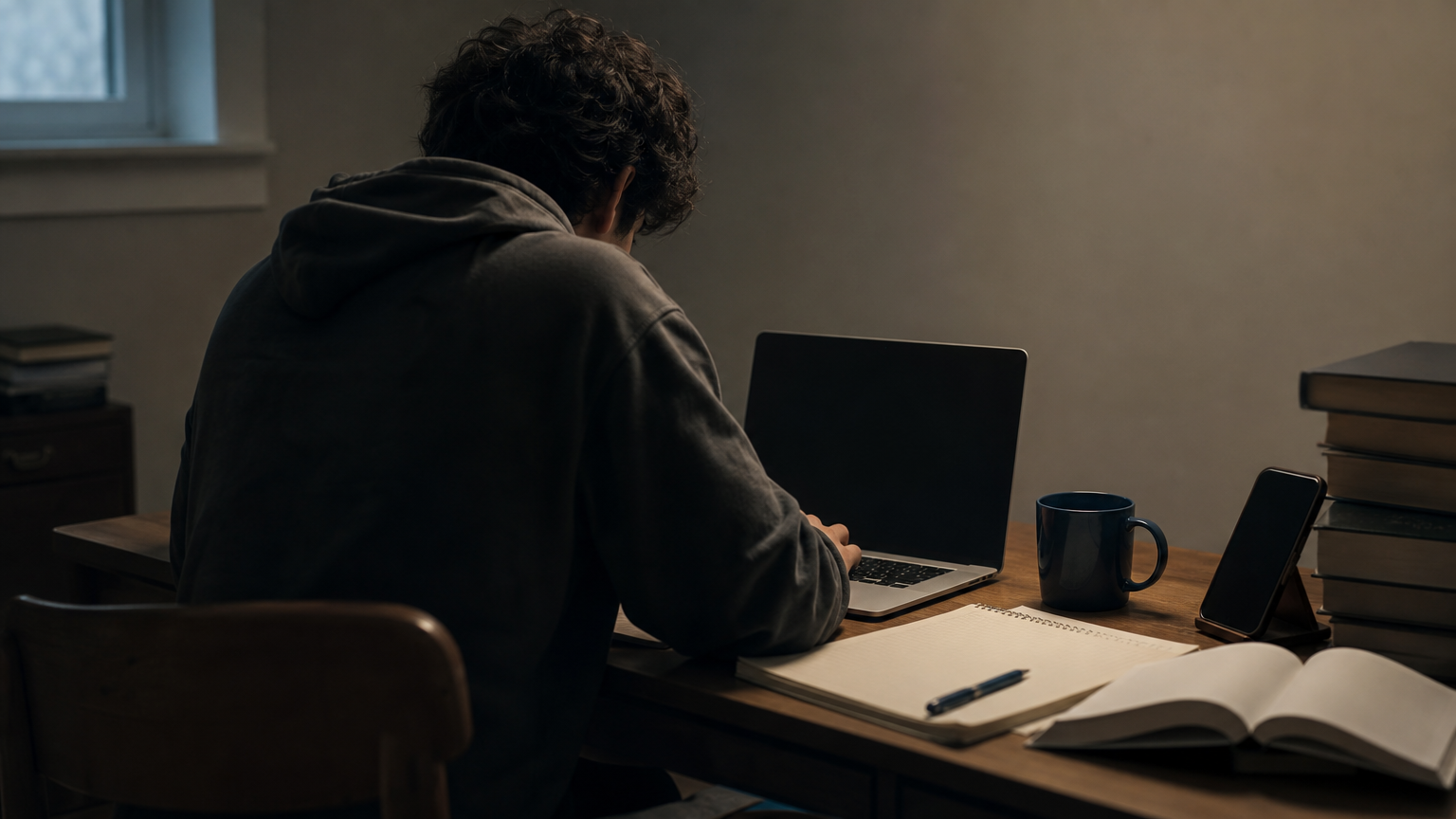 A student works on a laptop late at night surrounded by books and a coffee mug.