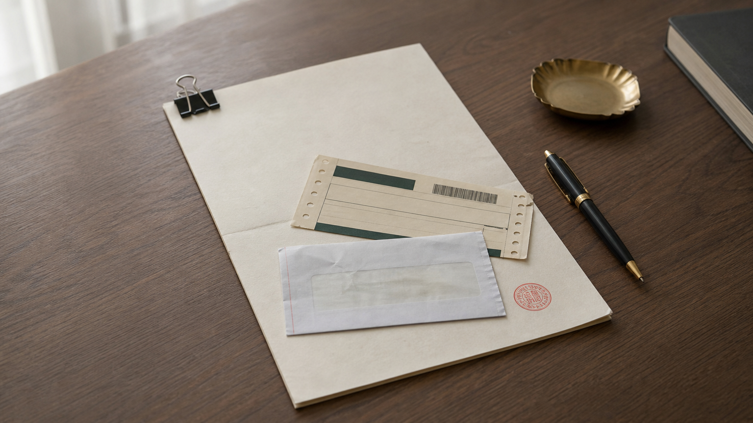 A stamped legal notice with a registered post receipt and courier tracking slip on a desk.