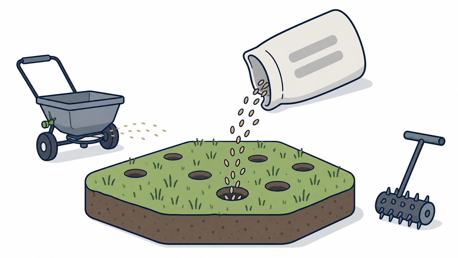 Grass seed drops into open soil holes left behind by a core aeration machine on a lawn.