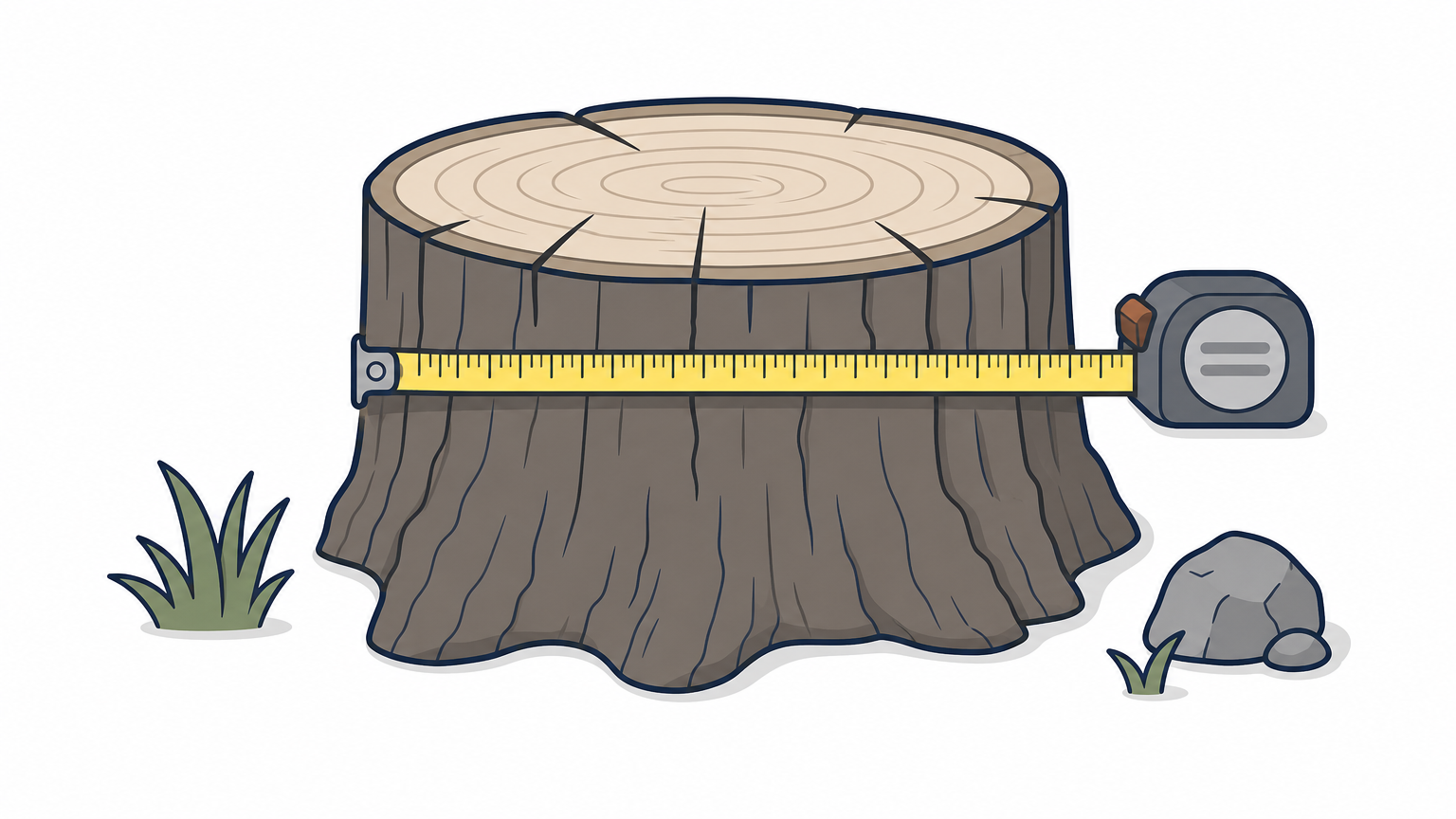 A tape measure spans the base of a large tree stump to check its diameter.