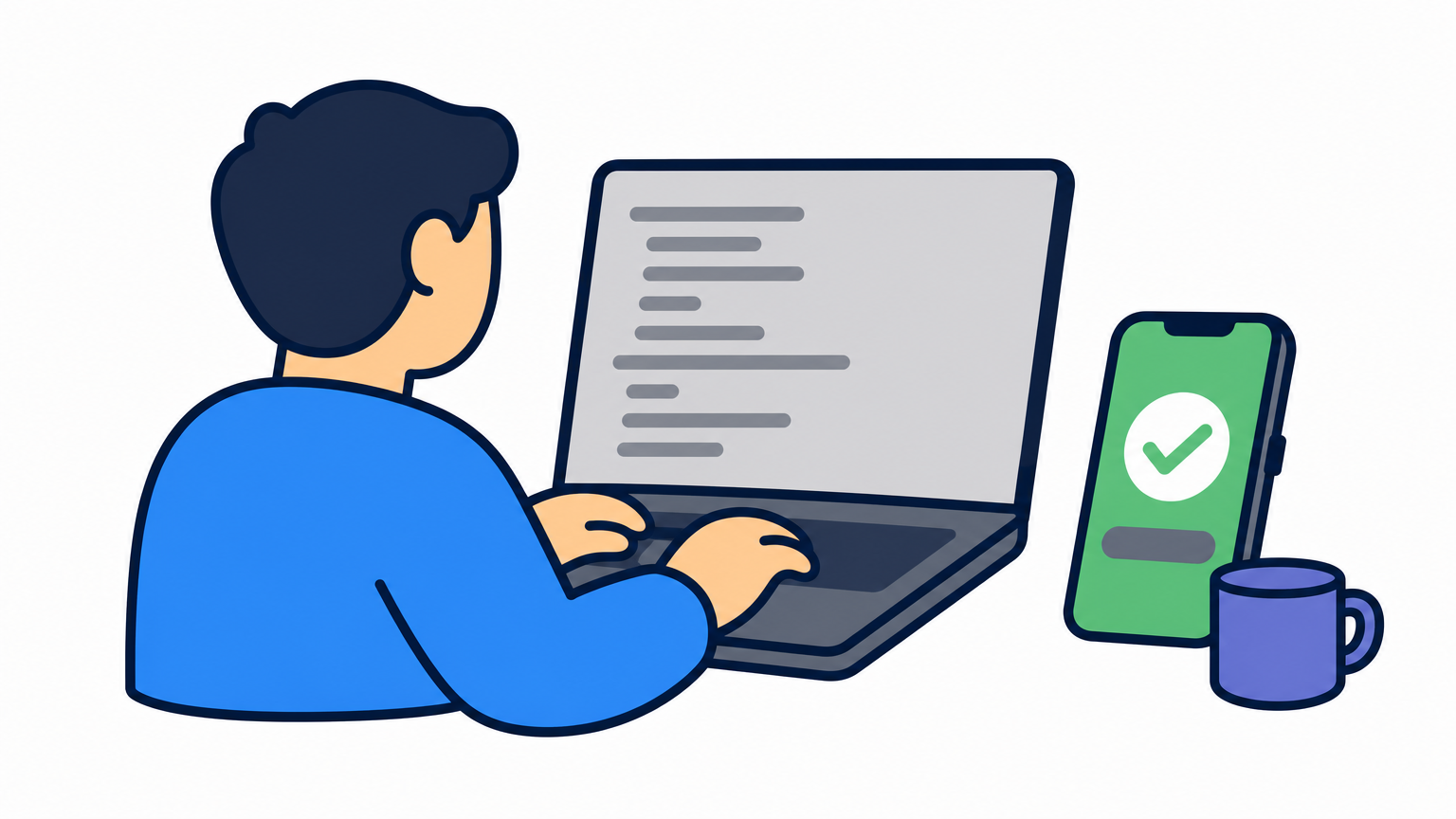 A developer codes a payment checkout on a laptop next to a smartphone showing a confirmation screen.