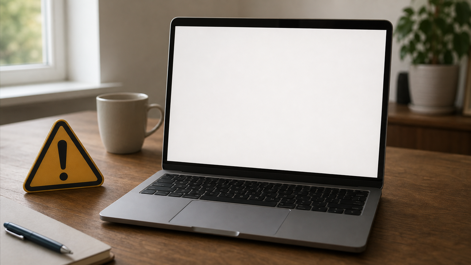 A laptop displays a suspicious gift card payment request beside a warning symbol.