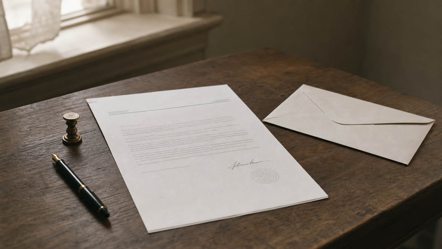 A signed legal notice letter on letterhead beside an addressed envelope ready for mailing.