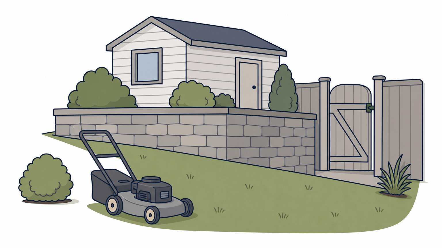 A sloped backyard with a retaining wall, narrow gate, and a push mower on the lawn.