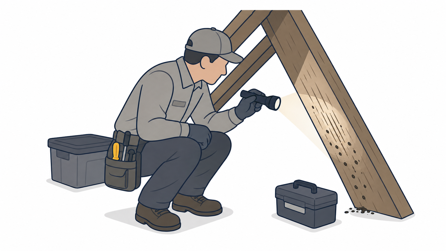 Technician inspects an attic beam with a flashlight, spotting rub marks and droppings.