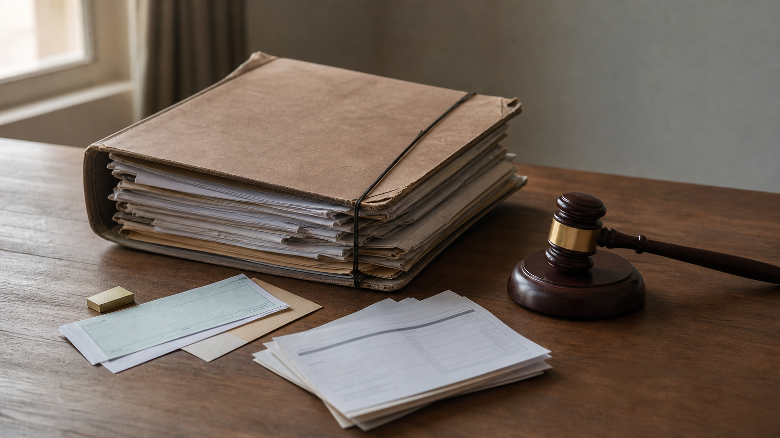 A folder of court documents, a bounced cheque, and invoices arranged beside a gavel.