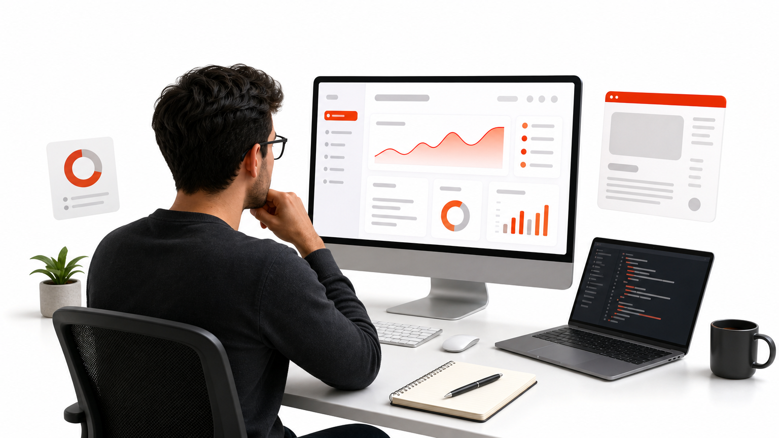 A developer reviews a website dashboard and code on two screens at a desk.