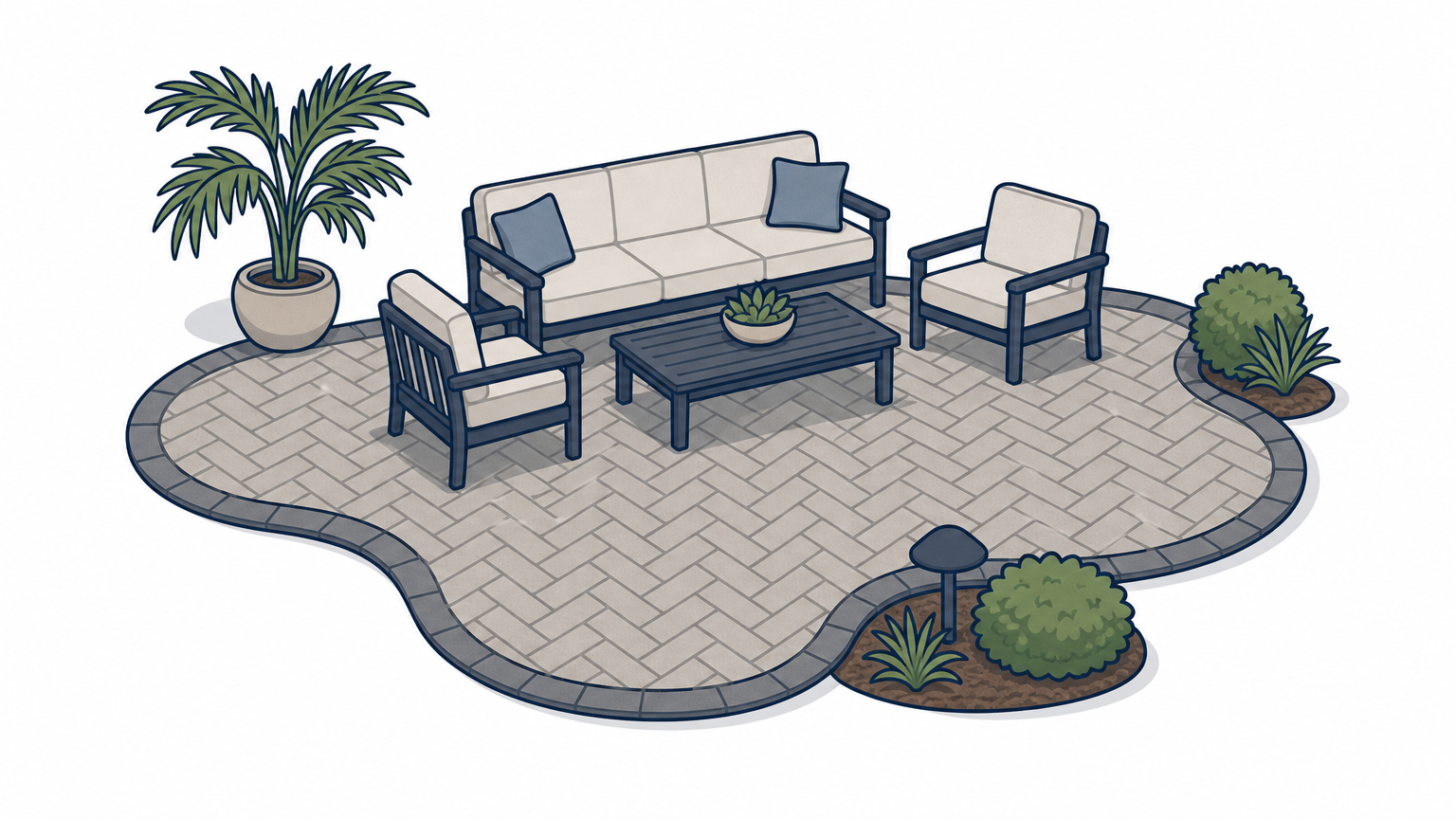 A paver patio with herringbone pattern pavers and outdoor seating in a backyard.