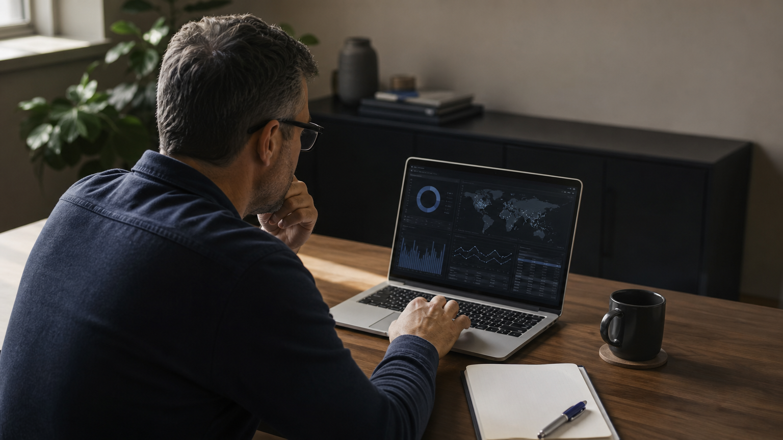 An IT manager reviews security dashboards on a laptop while making notes at a desk.
