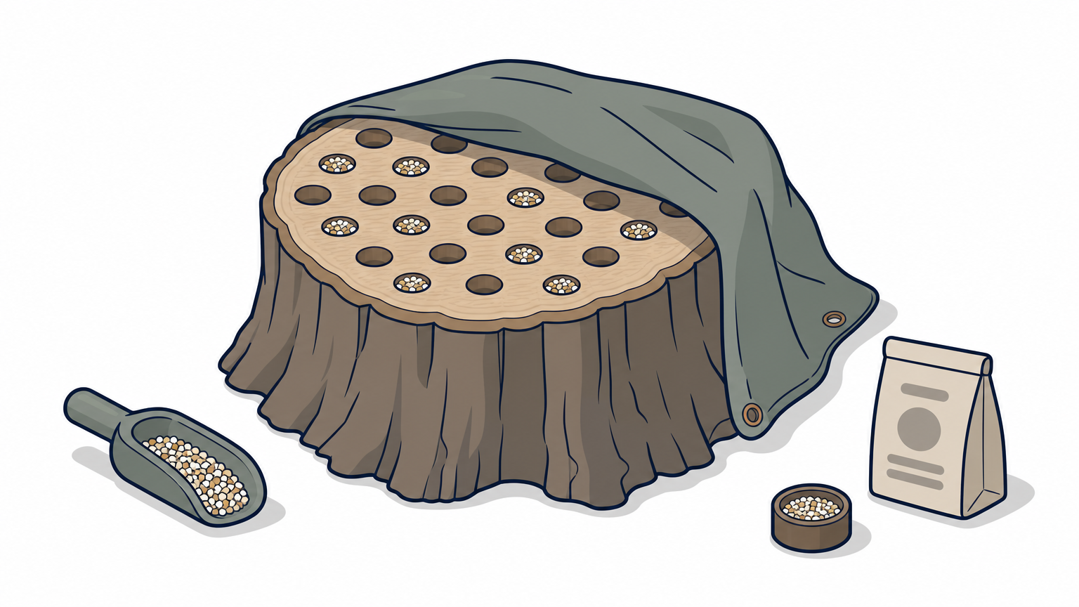A tree stump shows drilled holes filled with fertilizer and a tarp covering part of the surface.