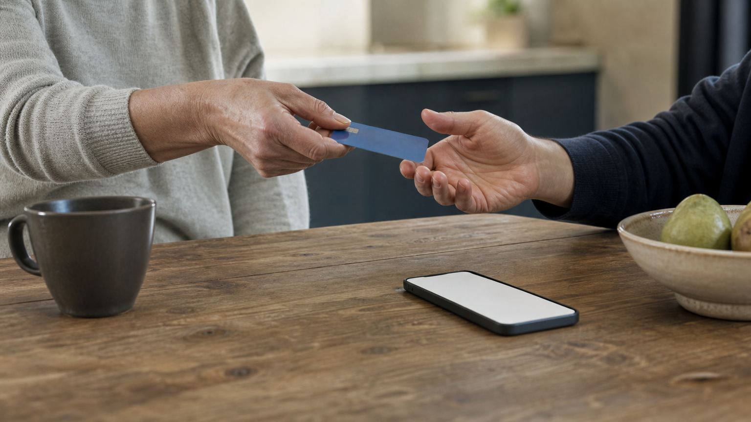 A parent hands a credit card to an adult child at a kitchen table.
