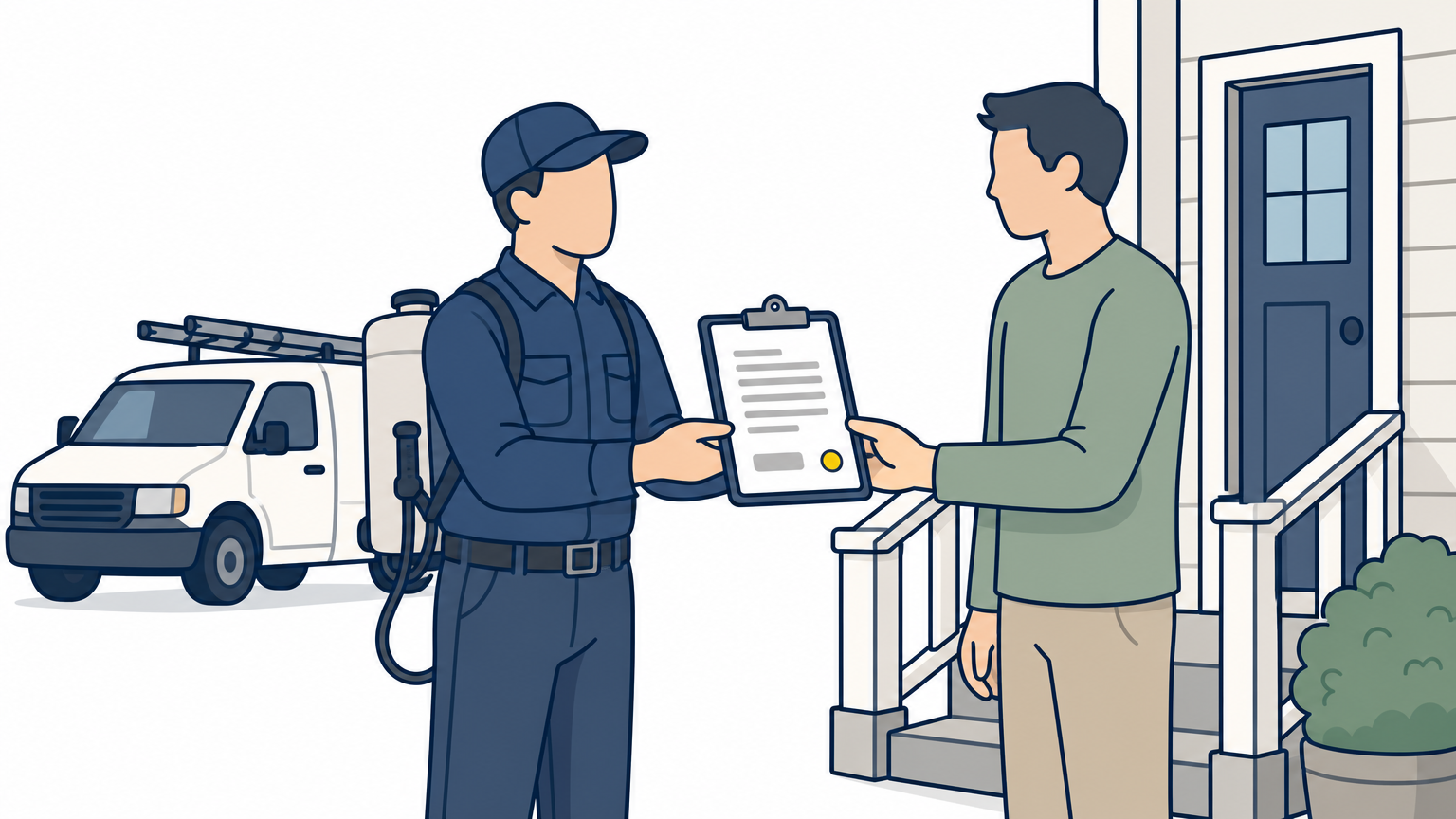 Technician hands a written estimate to a homeowner on a porch with a service truck nearby.