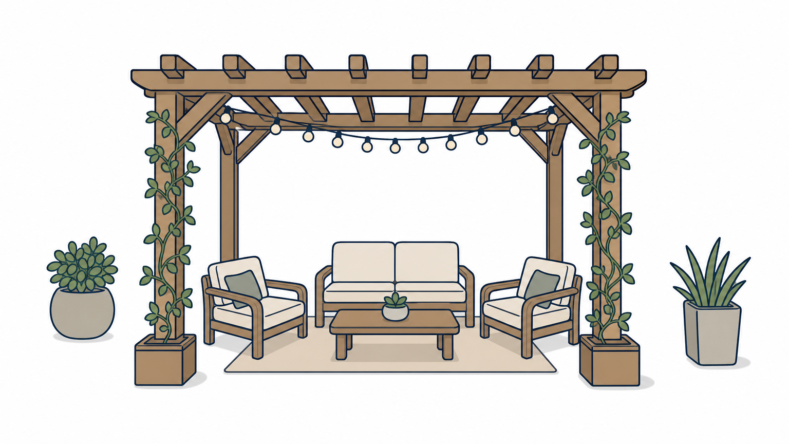 A wooden pergola with climbing vines and string lights covering a patio seating area.