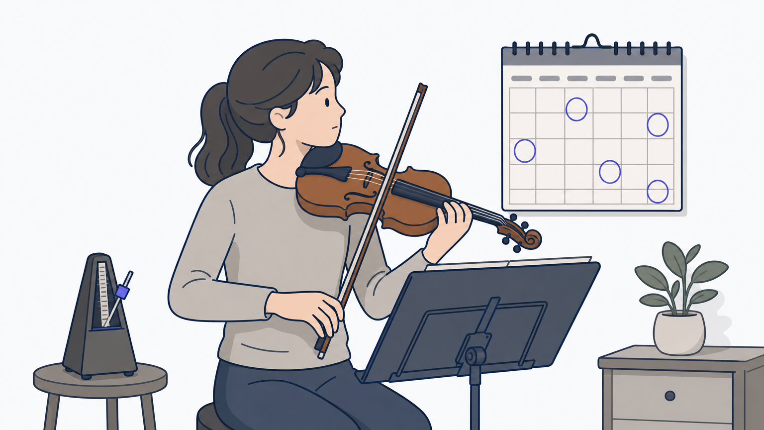 A violinist pauses at a music stand near a wall calendar with circled dates and a metronome.