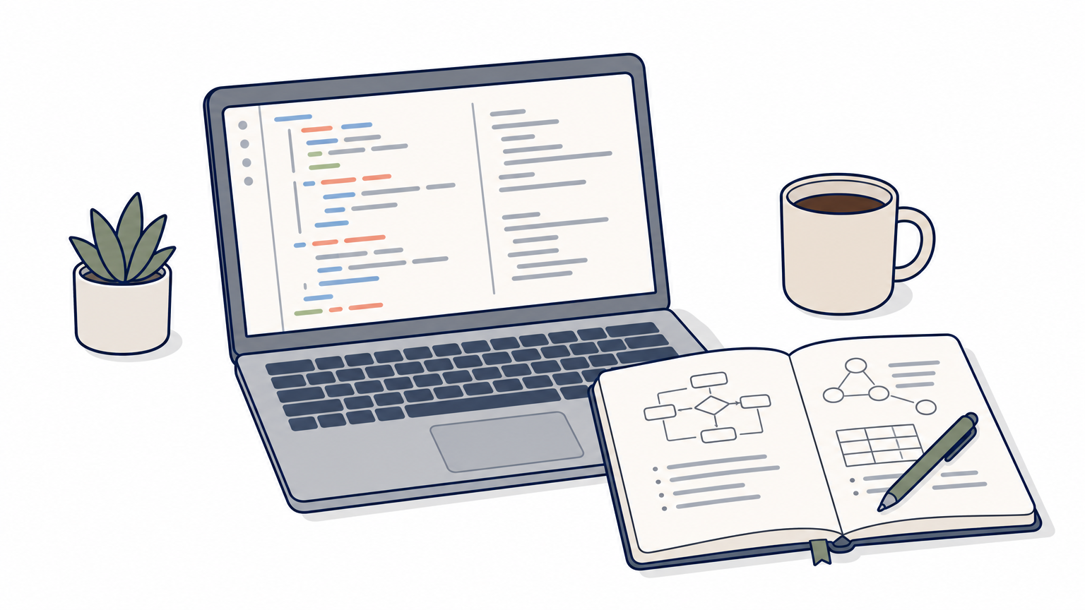 A laptop displaying code sits on a desk beside a notebook with diagrams and a coffee cup.