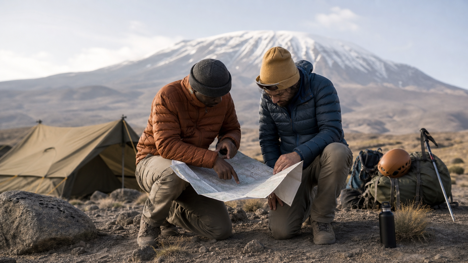 A guide and climber examine a route map at a Kilimanjaro base camp with the peak visible behind them.