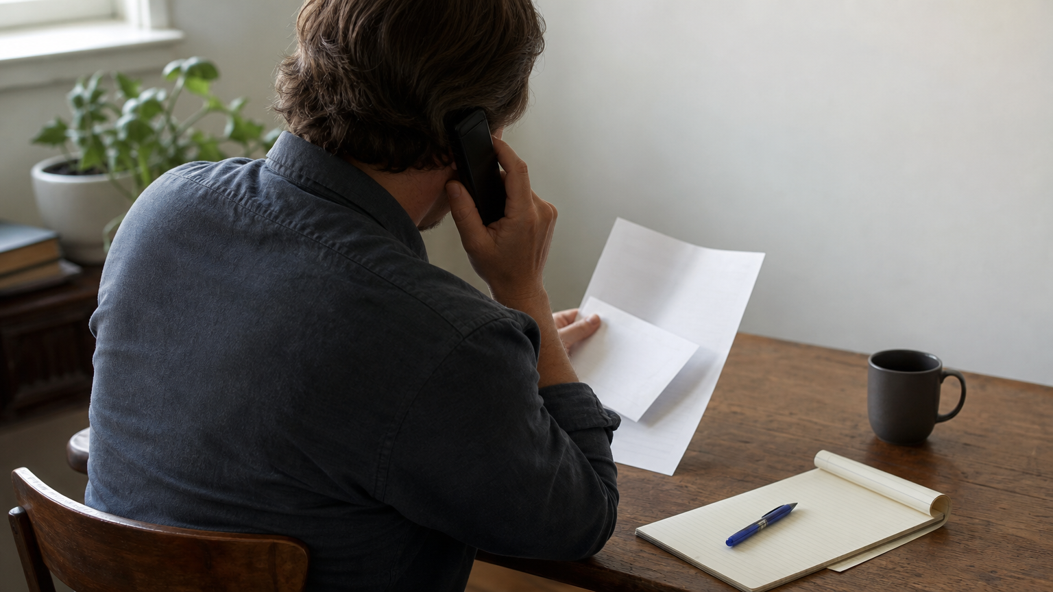 A person on the phone at a desk holding a certified mail receipt and collection notice.