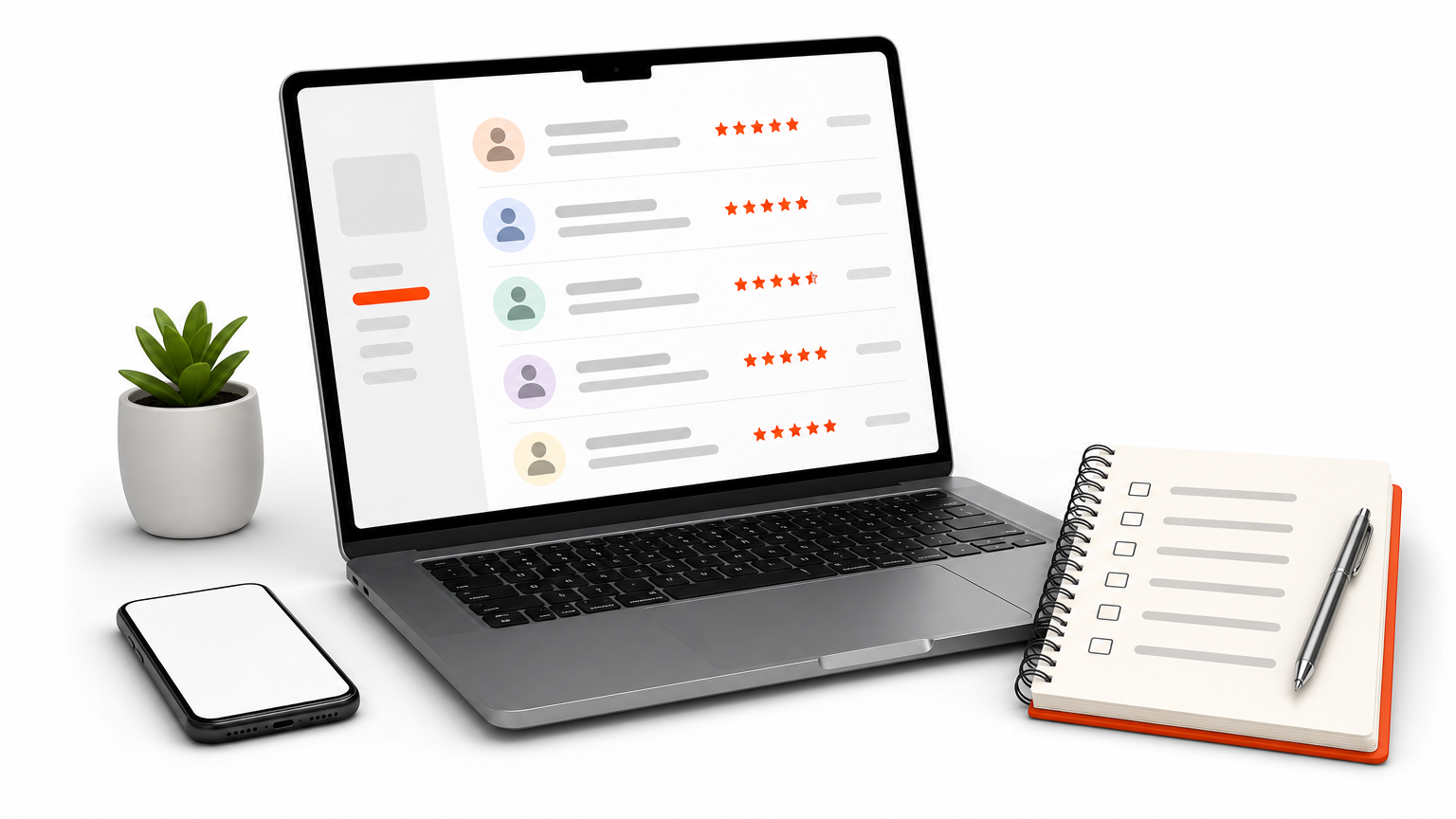 A laptop displays freelancer profiles with ratings beside a notebook listing candidate names.
