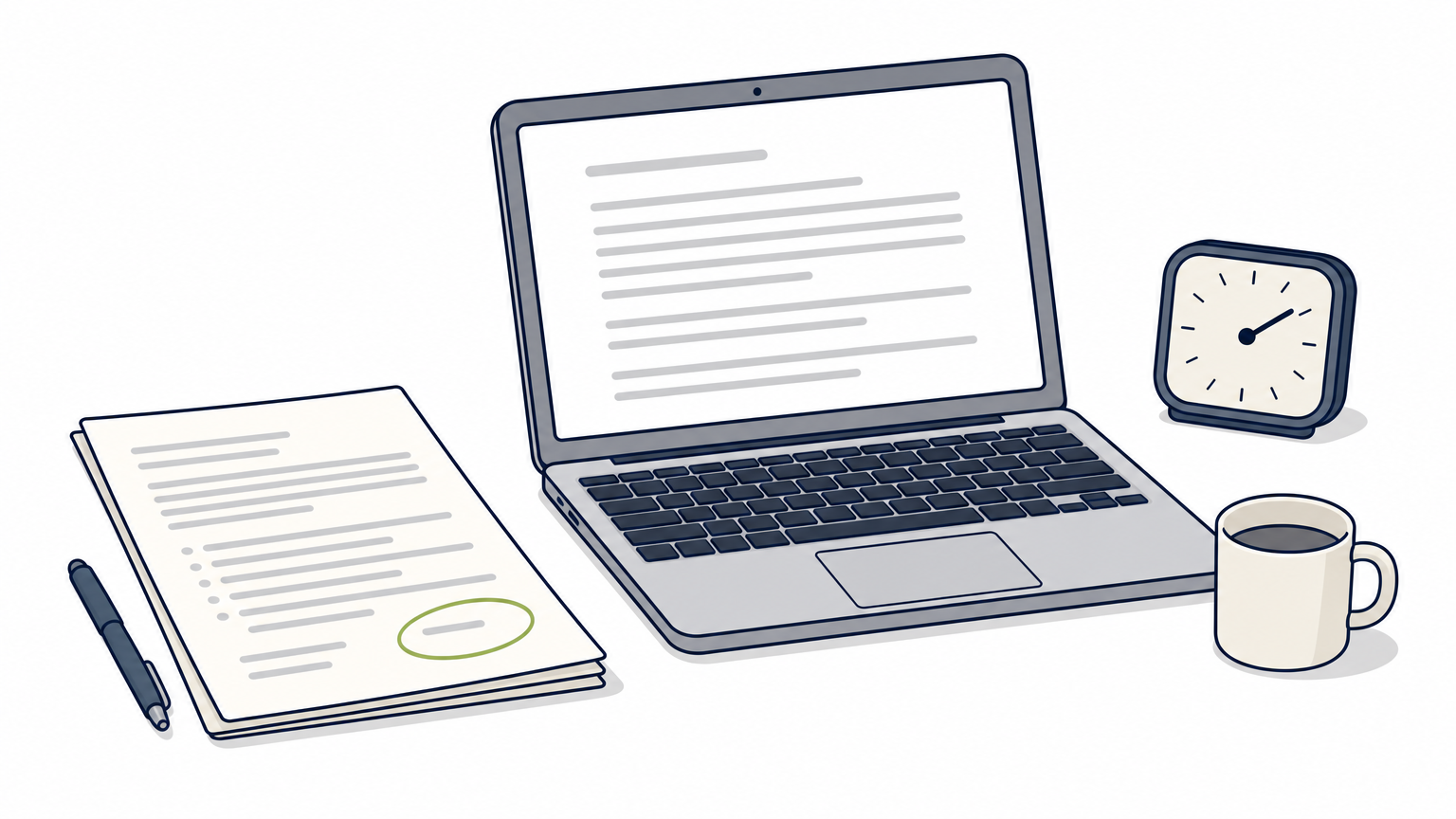A desk with a laptop, a printed writing brief, and a clock representing a timed paid trial assignment.