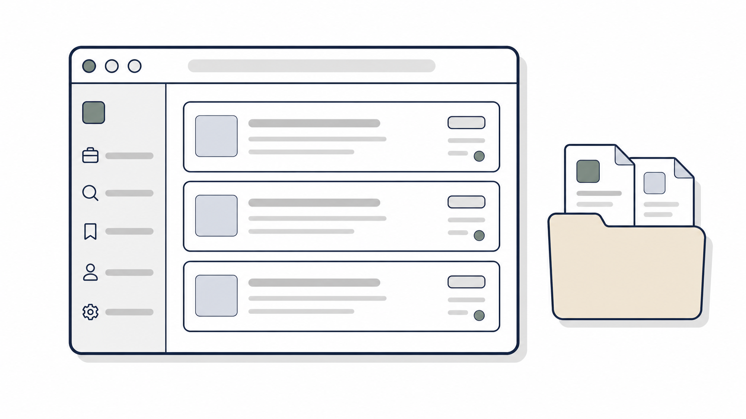 A browser window shows a job listings page with a navbar, sidebar, and content cards.