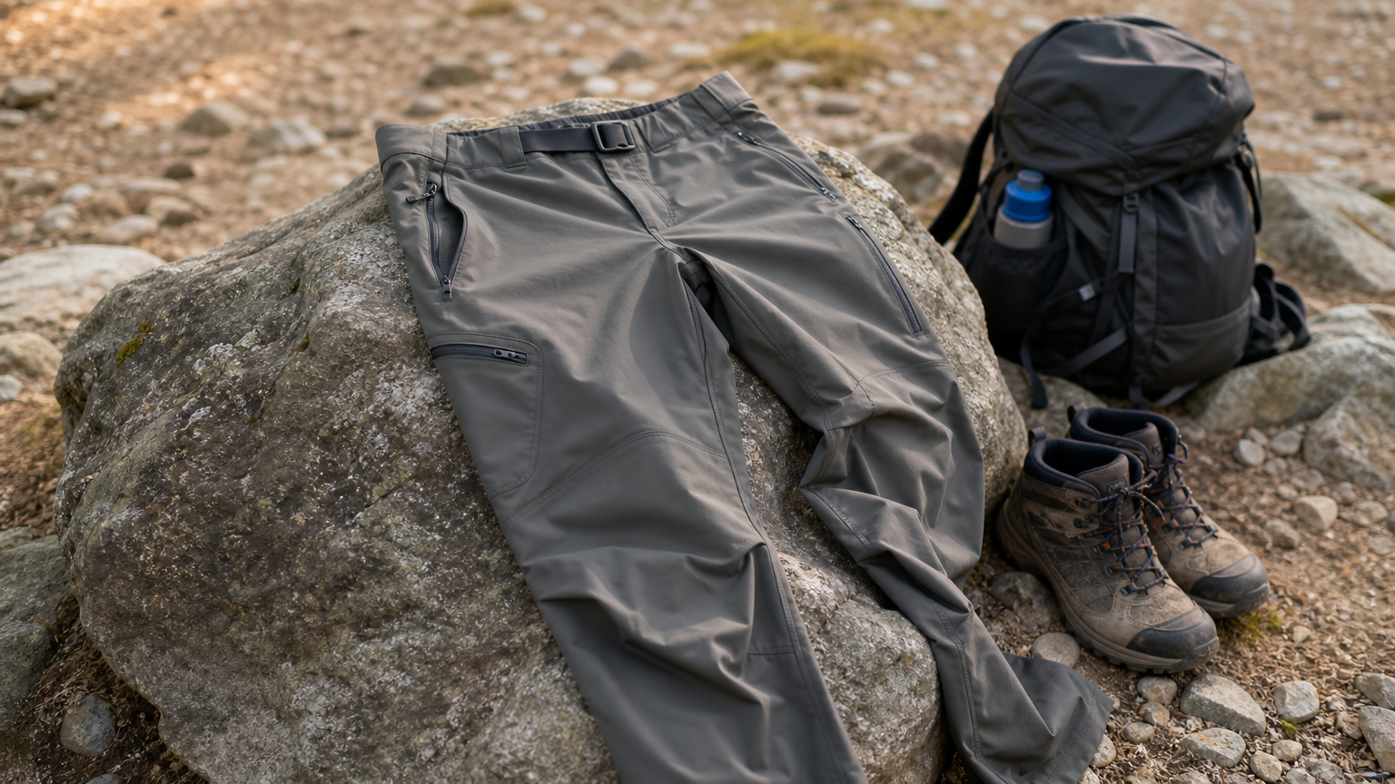 Softshell hiking pants resting on a rocky boulder beside a backpack and hiking boots.