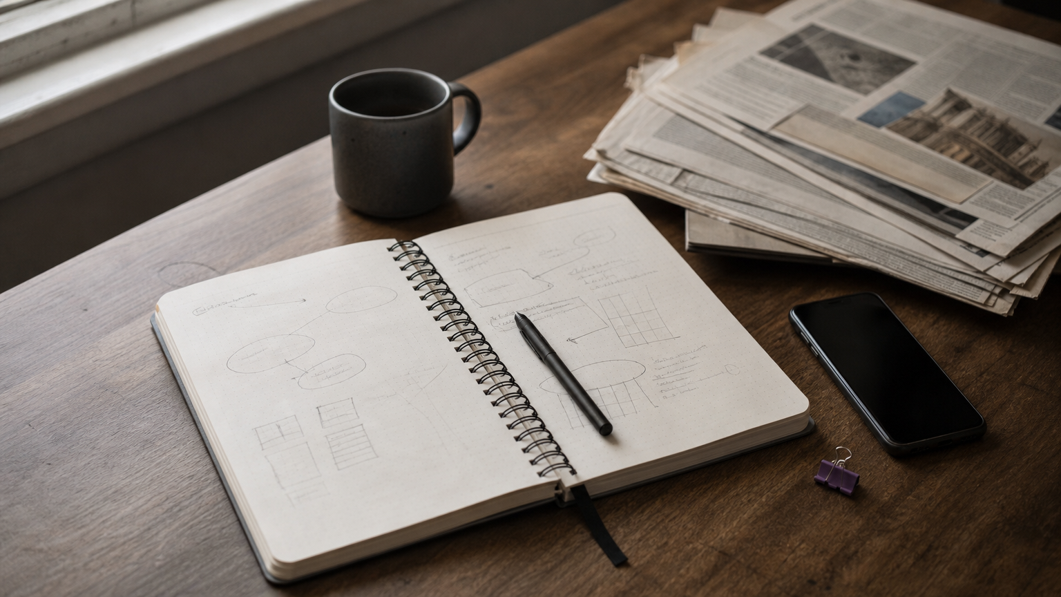 A desk showing a brand strategy notebook next to a stack of newspaper clippings and a phone.-