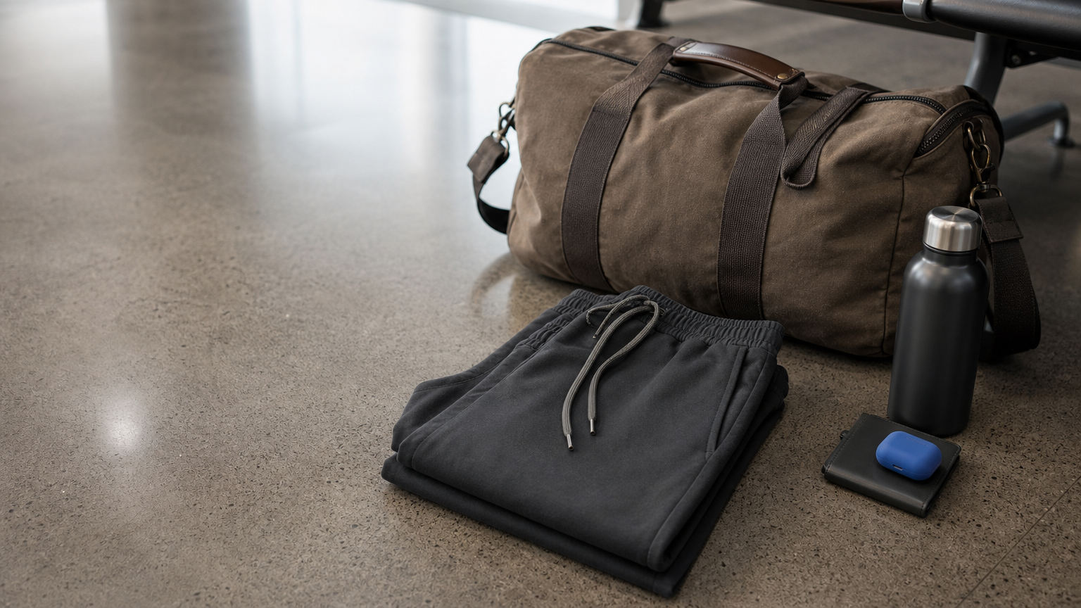 Tapered jogger travel pants folded beside a duffel bag on an airport terminal floor.