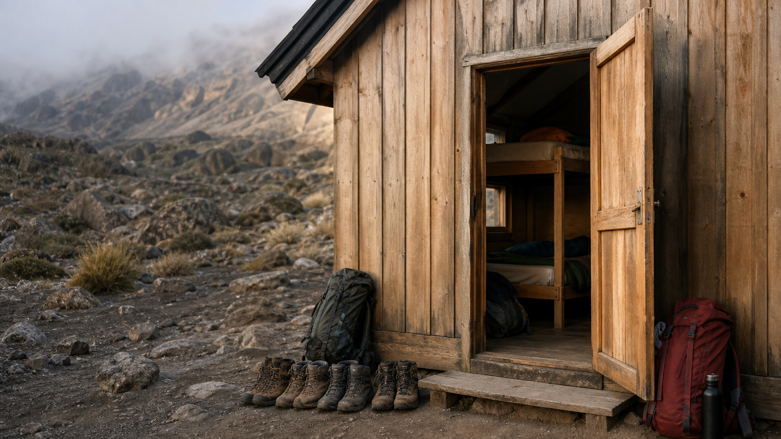 A wooden hut at a Kilimanjaro rest stop with climbers' boots and backpacks resting outside.