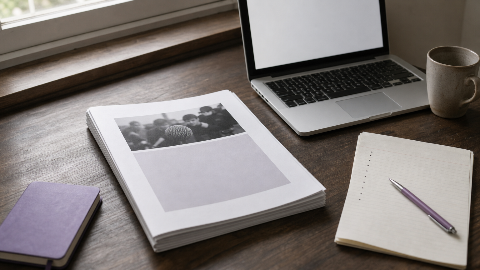 A desk with a printed press kit, an open laptop, and a handwritten journalist contact list.