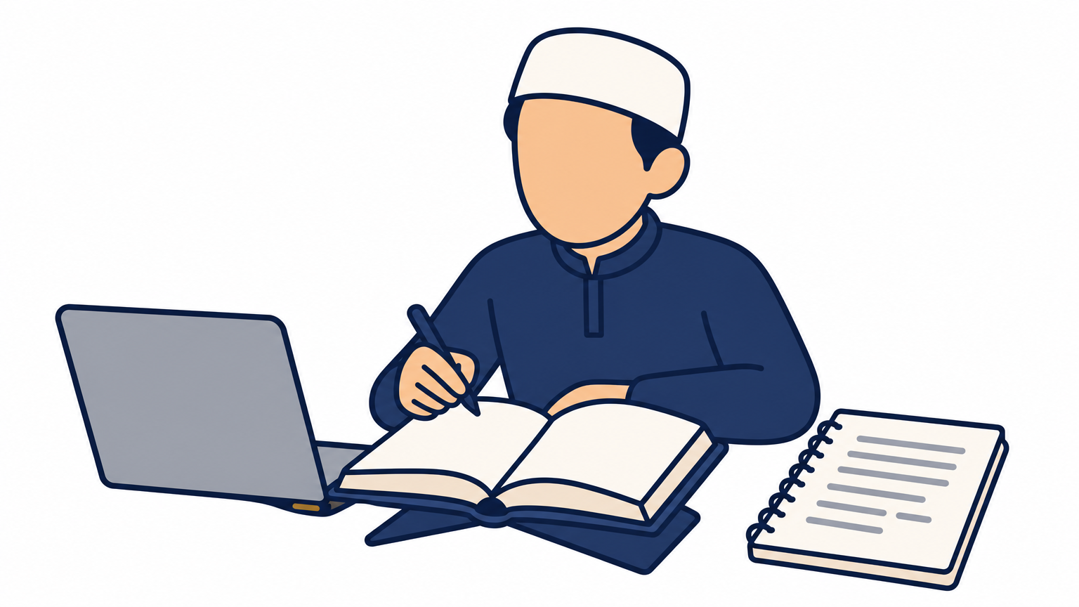 A student studies an open Quran alongside handwritten Arabic grammar notes and a laptop.
