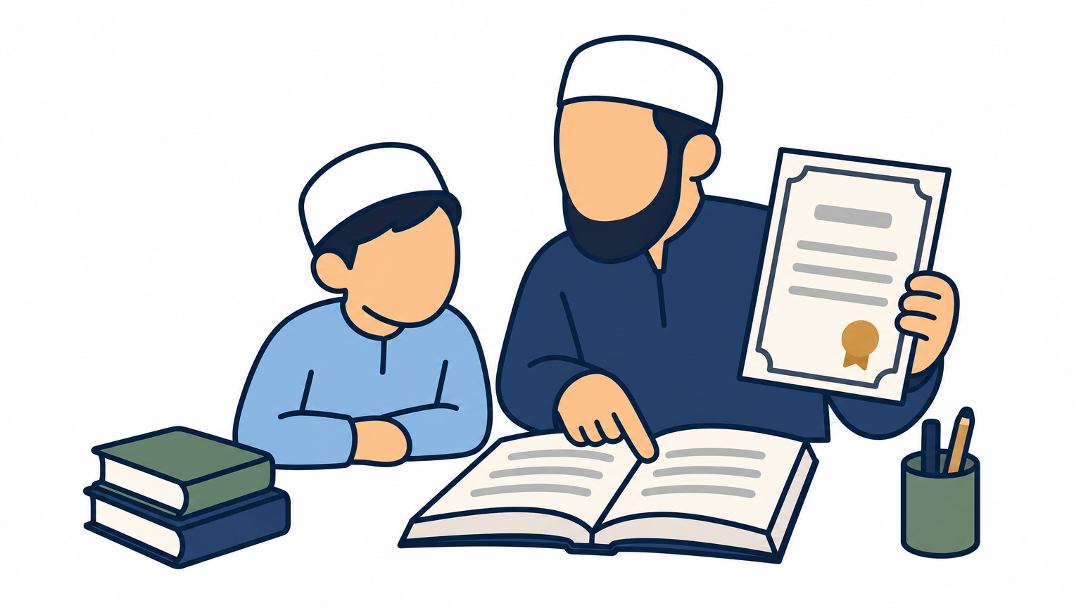 A teacher displays a certificate while reviewing Arabic grammar in a textbook with a student.